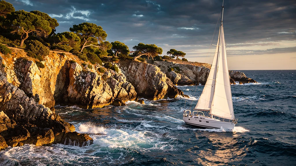 Sailboat au Cap Béar pris dans une risée soudaine rappelant de réduire la voile à temps