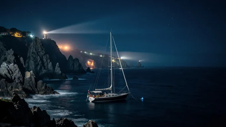 Barrer de nuit sur la Côte Vermeille, paysage marin avec éclairage nocturne et phares