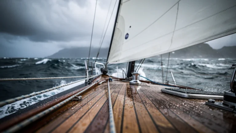 Photographie hyper-réaliste d’un voilier au près avec une grand-voile trop plate perdant son cap