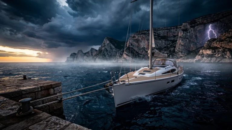 Sailboat moored securely before a stormy mistral night in a rugged Mediterranean harbor, detailed mooring lines visible