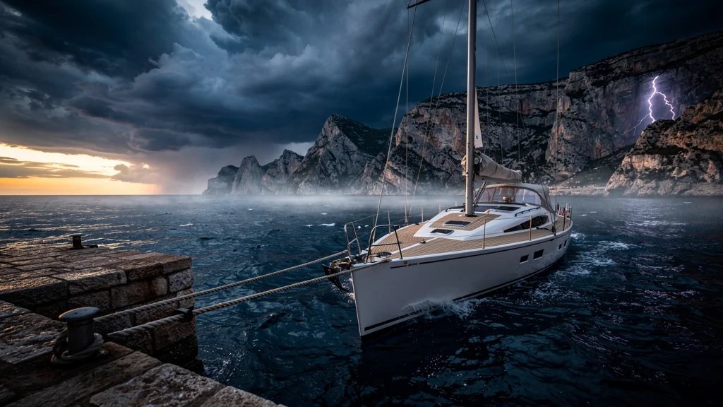 Sailboat moored securely before a stormy mistral night in a rugged Mediterranean harbor, detailed mooring lines visible