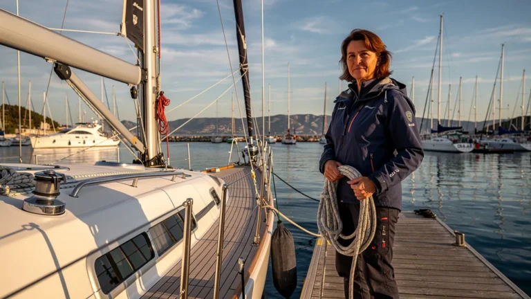 Femme en bord de quai révisant son gréement de voilier sous la tramontane au port