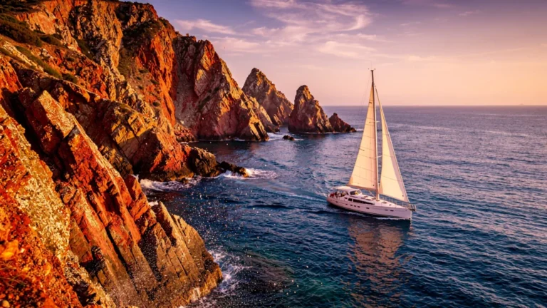Photo hyper-réaliste de la Côte Vermeille au coucher de soleil avec voile et mer turquoise, invitation à une croisière côtière