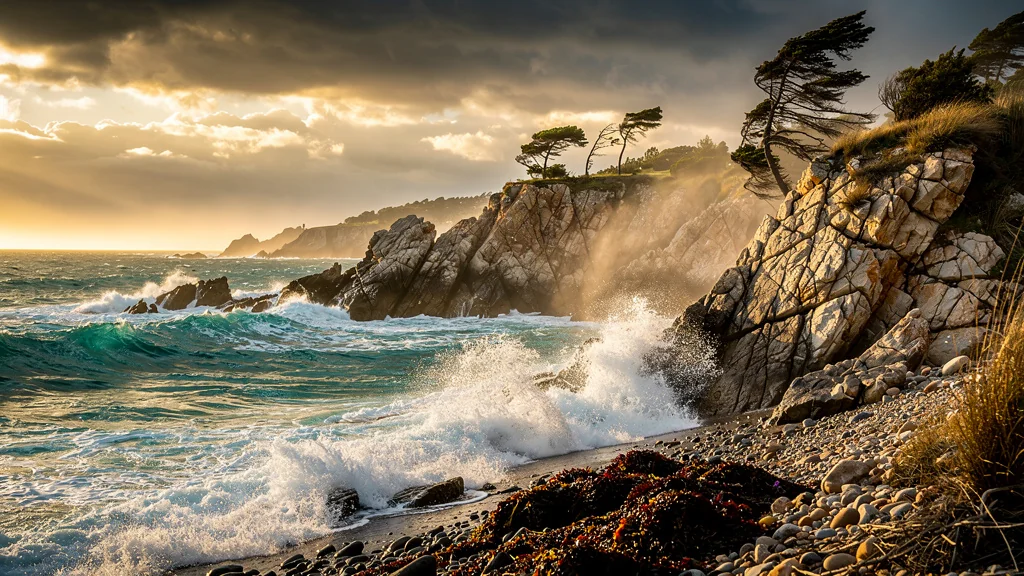 Côte entre Banyuls et Cerbère balayée par un vent de terre puissant, vagues et falaises en lumière dorée
