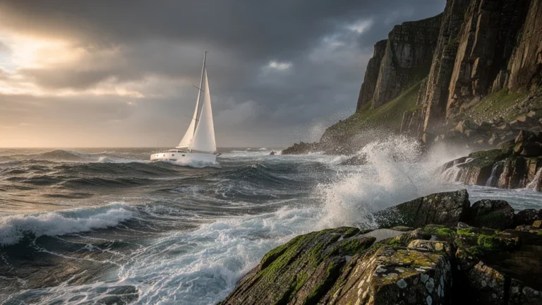 Paysage marin proche d’un cap avec mer agitée et ciel orageux illustrant la météo marine près des caps