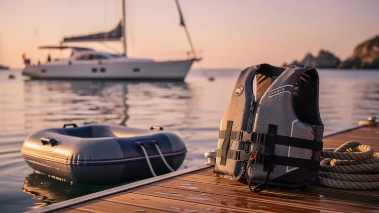 Comparaison hyperréaliste d’un gilet gonflable automatique et d’un gilet mousse côtier sur un ponton maritime