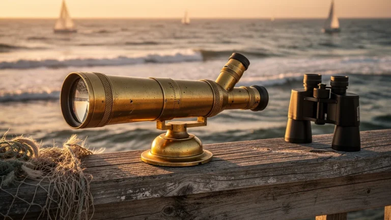 Longue-vue d'occasion sur une rambarde en bois face à la mer, plus utile que jumelles neuves