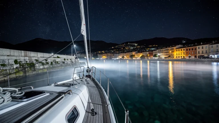 Première nuit au mouillage à Port-Vendres, silence apaisant sur l'eau calme au clair de lune