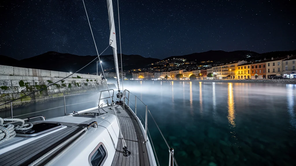 Première nuit au mouillage à Port-Vendres, silence apaisant sur l'eau calme au clair de lune