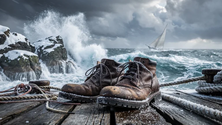 Bottes de quart bon marché usées sur un quai en hiver balayé par le vent de tramontane
