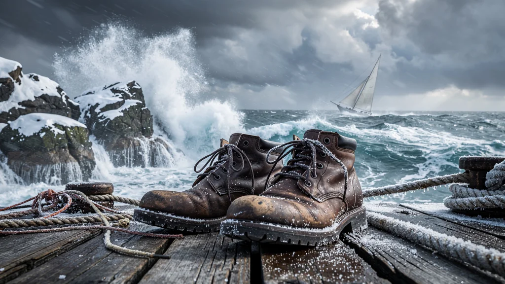 Bottes de quart bon marché usées sur un quai en hiver balayé par le vent de tramontane