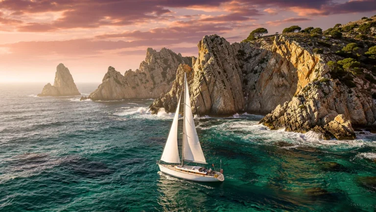 Vue hyper-réaliste du Cap de Creus avec voilier dérivant, symbolisant l'absence de plan B de mouillage