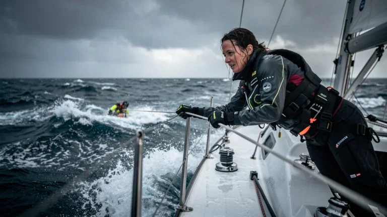 Femme de 38 ans récupérant un équipier à la mer lors d’un entraînement, scène marine intense et glaciale