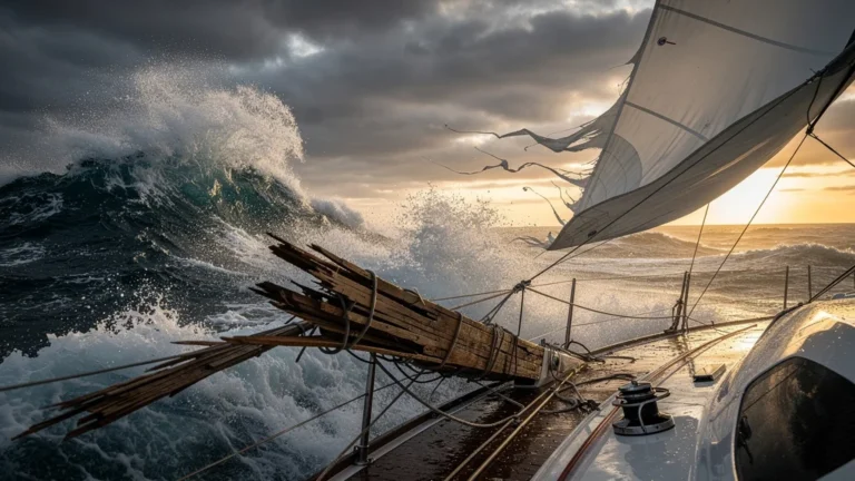 Bôme cassée sur voilier sous la Tramontane agitée, tempête maritime dramatique et dangereuse