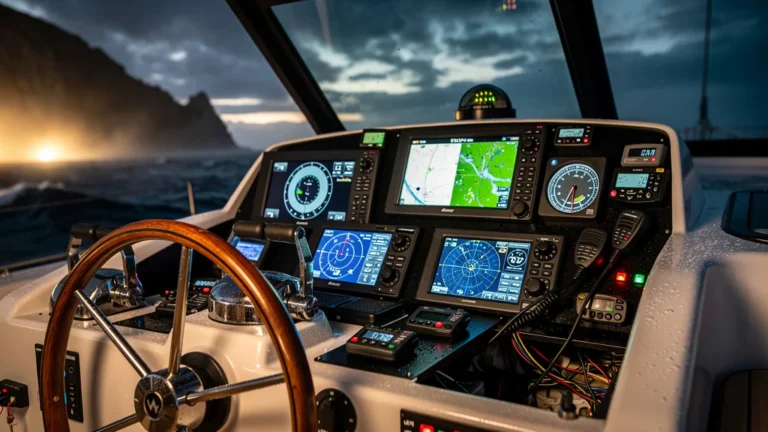 Cockpit de voilier encombré d'électronique nuit à la navigation côtière, ambiance crépusculaire très réaliste