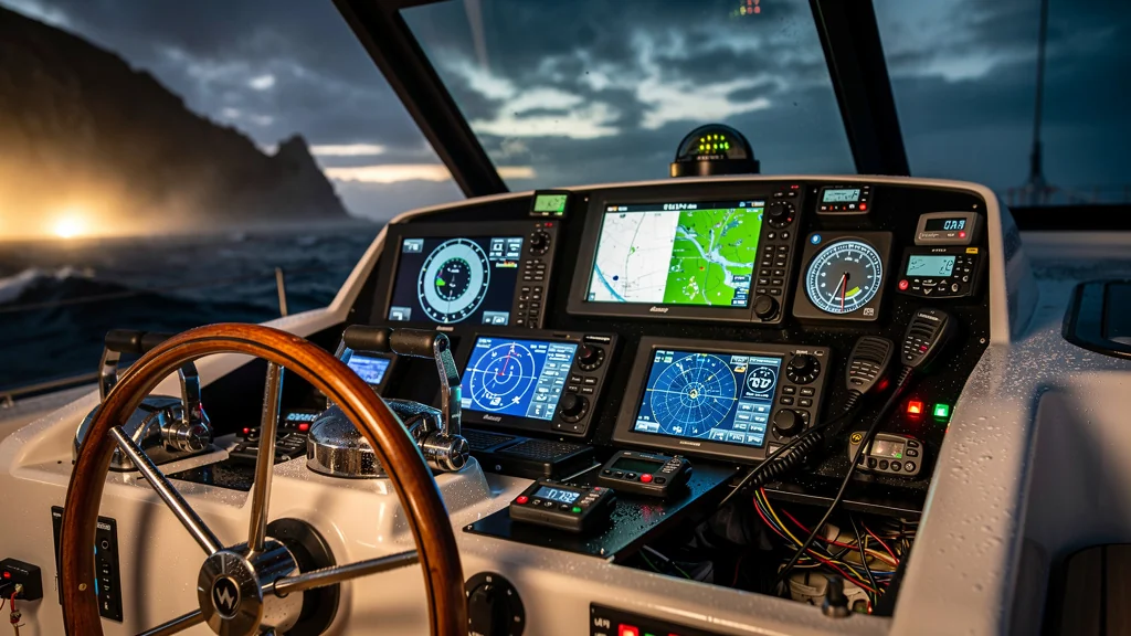 Cockpit de voilier encombré d'électronique nuit à la navigation côtière, ambiance crépusculaire très réaliste
