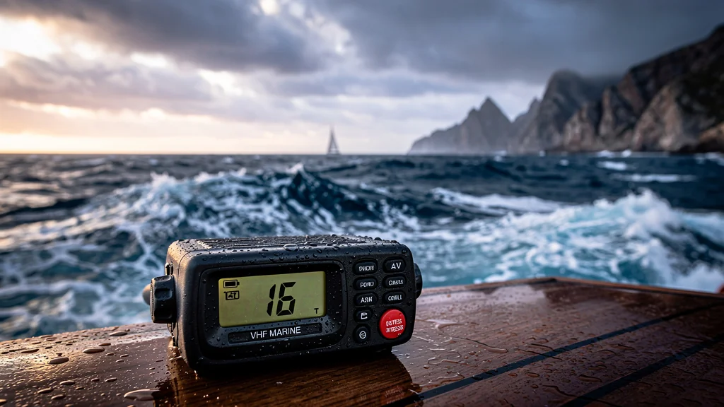 VHF portable d'entrée de gamme posée sur un voilier au large du Cap Béar, mer agitée et ciel dramatique